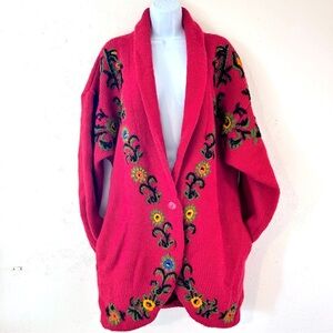 CERVELLE Vintage Wool Blend Embroidered Floral Longline Shawl Collar Cardigan L